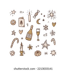 Juego de doodles de Navidad. Colección de Año Nuevo a mano, champán, estrellas, bebidas, dulces, copas de nieve, velas. Elementos de diseño invernal al estilo de las caricaturas. Ilustración vectorial.