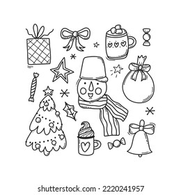 Christmas doodle set. Hand drawn new year collection, xmas tree, snowman, drinks, gift, sweets, snowflakes. Black outline winter design elements in line style. Vector illustration.
