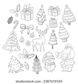 Christmas doodle set. Hand drawn vector illustration. Isolated on white background.