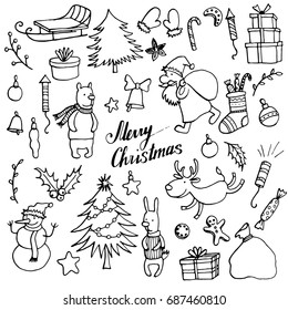 Christmas Doodle Set, Hand Drawn Isolated Vector Elements