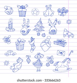 Christmas doodle set.  Hand-drawn doodles on lined sketchbook paper background. Vector illustration.
