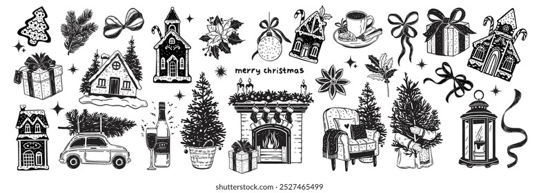 Christmas doodle set, holiday New Year celebration sketch, winter pine tree, cozy fireplace, cookies. Traditional gingerbread, festive armchair December fir engraving illustration. Christmas doodle