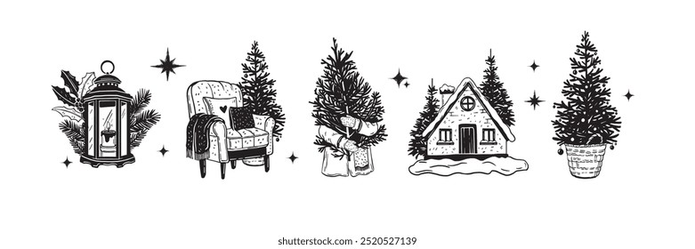 Christmas doodle set, holiday winter pine tree, New Year celebration sketch, cozy house, fir branch. Decoration lantern, festive armchair, December greeting engraving illustration. Christmas doodle
