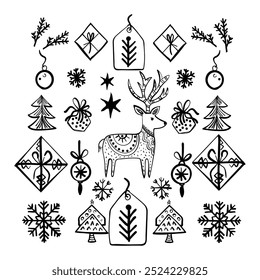 Christmas doodle set. Snowflakes, christmas tree balls, christmas party, gift, fir branches, reindeer, lables. Winter season elements perfect for scrapbook, card, poster, invitation, sticker kit.