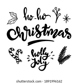 Christmas doodle set. Christmas tree branch, plants, candy and garland. Hand drawn xmas decorations icons. Vector illustration isolated on white background. Design elements for holiday greeting card
