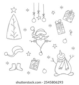 Christmas doodle set. Christmas tree, santa claus, snowman, tree toys, gift box. Vector illustration.