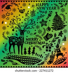 Christmas Doodle Set. Vector illustration. Gradient background. Hand drawing. Set of Christmas icons. Elements for design of cards, invitations and other print projects.