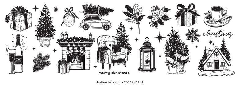 Christmas doodle set, winter pine tree, holiday New Year celebration sketch, cozy fireplace, branch. Decoration lantern, festive armchair December greeting fir engraving illustration. Christmas doodle