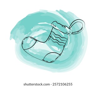Christmas doodle sketch. Hand draw socks in green round. Xmas and New Year, winter holidays. Graphic element for website. Linear vector illustration isolated on white background