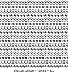 Christmas doodle snowflakes and chevron seamless pattern. Winter holiday knit sweater black and white stripe pattern. Simple linear gift wrap print, festive Christmas background.