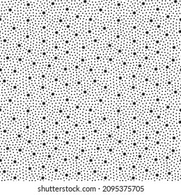 Christmas doodle snowflakes, dots and confetti seamless pattern. Simple black and white winter snow texture background. Winter polka dot pattern, scattered irregular dots and sparkles texture.