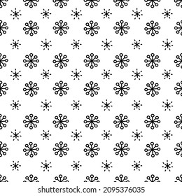 Christmas doodle snowflakes seamless pattern. Simple black and white festive snow background, linear snowflakes and sparkles regular texture pattern.