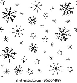 Christmas doodle stars and snowflakes in black and white. Winter seamless vector pattern, holiday outline.