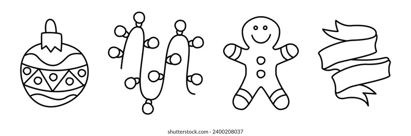 Christmas Doodle Symbol and Objects with Bauble, Light Garland, Gingerbread Man and Ribbon Vector Set