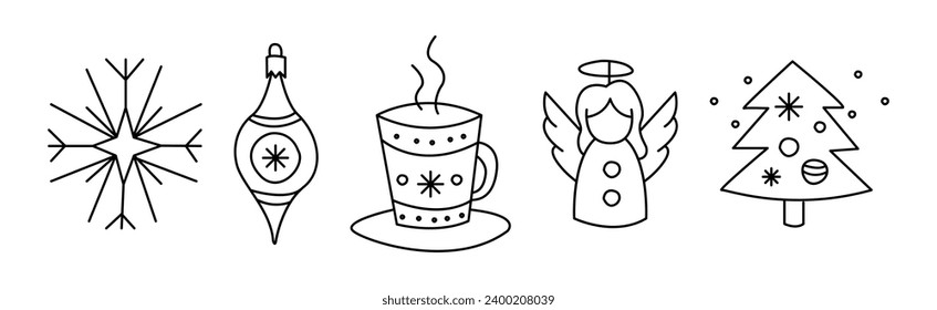 Christmas Doodle Symbol and Objects with Bauble, Snowflake, Angel, Fir Tree and Hot Drink Mug Vector Set