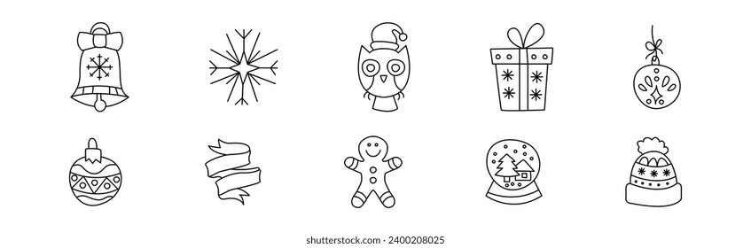 Christmas Doodle Symbol and Objects with Bell, Owl, Snowflake, Gift Box and Bauble Vector Set