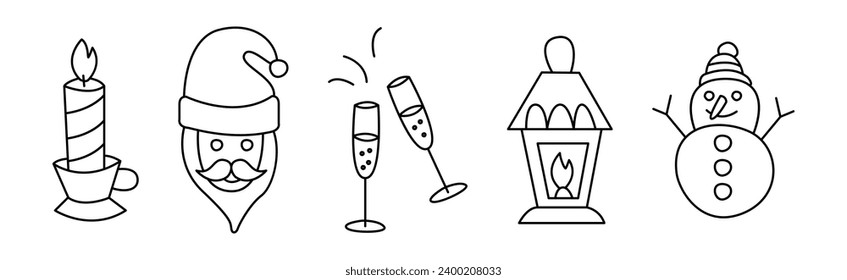 Christmas Doodle Symbol and Objects with Candle, Santa, Champagne, Snowman and Lantern Vector Set