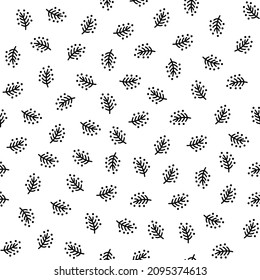 Christmas doodle Christmas tree branches and dots seamless pattern. Black and white linear winter holiday background. Scattered feathers or spruce branches texture pattern.