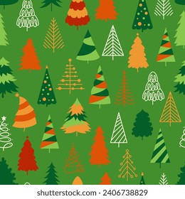 Christmas doodle tree New Year seamless pattern. Noel celebrate traditional symbol trendy boundless repeat background. Xmas winter pine wood endless design print, wrapper packaging backdrop template