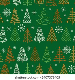 Árbol de doodles de Navidad Año Nuevo patrón sin fisuras. Xmas símbolo tradicional fondo de repetición ilimitado de moda. Diseño interminable de madera de pino noel para impresión de papel, embalaje de envoltura textil, plantilla de fondo