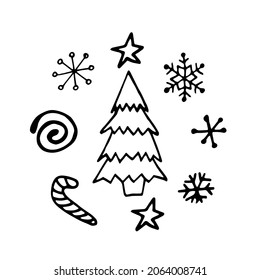 Weihnachtsbaum. Vektorgrafik, handgezeichnet von Liner. Der einfache Tannenbaum für Neujahr, heimeliger Winter, Weihnachten.