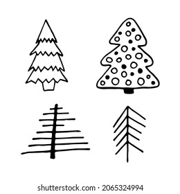 Christmas doodle tree. Vector illustration hand-drawn by liner. The simple fir tree for New Year, cozy winter, Christmas.