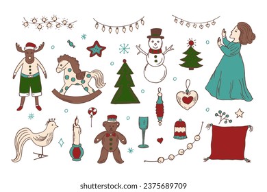 Weihnachtsdoodle-Vektorgrafik. Neujahrsfeierlichkeiten. Weihnachtsdekoration. Handgezeichnete Vektorgrafik.