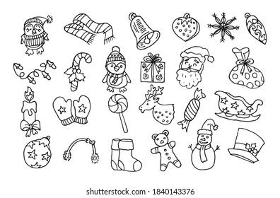Christmas doodle vector. Hand drawn cartoon christmast icon theme, black outline vector art.