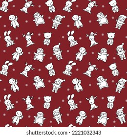 Weihnachtsduft, nahtloses Muster mit Hasen, Weihnachtsmann, Hirsch, Penguin und Bär auf rotem Hintergrund