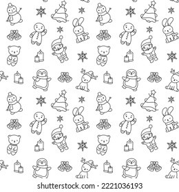 Christmas doodle vector seamless pattern on white background: bear, penguin, bear, gingerbread man, santa claus, christmas tree

