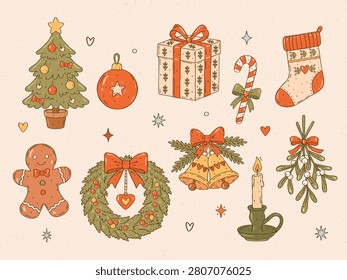Christmas doodle vector set with Christmas tree, ornament, gift, stocking, candy cane, gingerbread man, wreath, bells, candle and mistletoe in cute hand drawn style