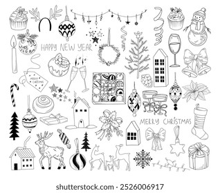 Christmas doodle vector set, winter holidays illustration in line drawing style, hand drawn festive elements of Christmas holidays celebration