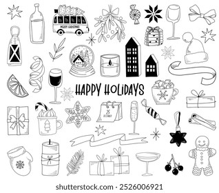 Christmas doodle vector set, winter holidays illustration in line drawing style, hand drawn festive elements of Christmas holidays celebration