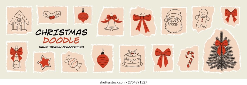Navidades doodle pegatina de Vector conjunto con texturas de papel roto y bordes rasgados para notas de estilo scrapbook. Collage lúdico de Año Nuevo con caprichosos lazos, cintas, motivos invernales dibujados a mano y Elementos.