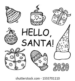 A Christmas doodle winter holiday set. A bell, gift boxes, Santa's hat, a cup, a mitt and lettering. Good for posters, scrapbooking, textile, card. Hello, Santa! A kids cartoon coloring book.