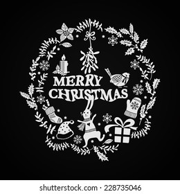 Christmas doodle wreath on a black background. Hand-drawing graphics. Elements for design of cards, invitations and other print projects.