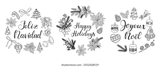 Christmas doodle wreaths with calligraphy lettering in English, French and Spanish language. Features festive elements like poinsettias, ornaments, and candy canes. Perfect for holiday projects