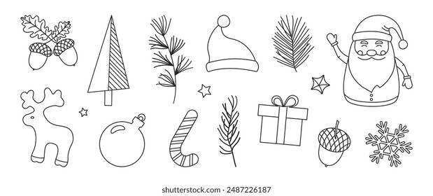 Christmas doodle, xmas line icon, winter set outline design. Holiday decoration element. Santa Claus, gift, candy cone, reindeer, ball, snowflake, hat, fir and pine tree. Season vector illustration