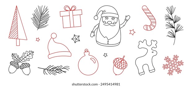 Navidades doodle, ícono de línea de navidad, diseño de contorno de conjunto de invierno de vacaciones. Elemento de decoración de temporada. Papá Noel, regalo, cono de caramelo, reno, bola, copo de nieve, sombrero, abeto y pino. Ilustración vectorial