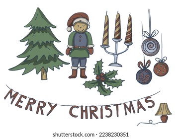 Christmas doodles candles tin soldier gnome sketch hand-drawn separate elements of decor for the new year cozy interior coloring for children set on a white background light bulbs garlyags stars