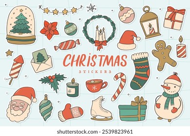 Christmas doodles, clipart, cartoon elements, stickers collection. Good for planners, cards, posters, prints, banners, social media decor, etc. EPS 10