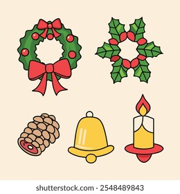 Natal doodles, clipart, elementos de desenhos animados, coleção de adesivos. Bom para planejadores, cartões, cartazes, estampas, banners, decoração de mídias sociais, etc. EPS 10