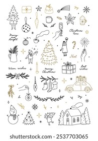 Christmas doodles clipart. Hand drawn Christmas set. Vector doodle clipart for winter holidays