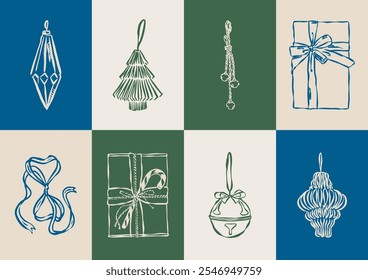 Christmas doodles collection. Art for greeting cards, wedding invitations, poster design, postcards, branding, logo design, background.