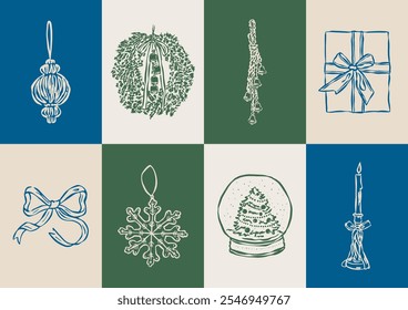 Christmas doodles collection. Art for greeting cards, wedding invitations, poster design, postcards, branding, logo design, background.