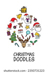 Christmas doodles color elements laid out in shape of christmas ball poster. Hand drawn vector illustration