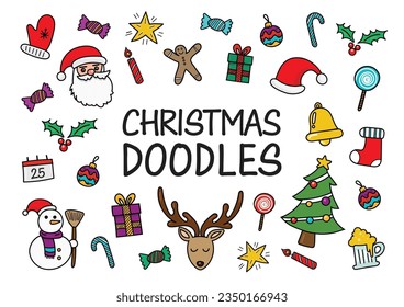 Christmas doodles color hand drawn icons. Vector illustration