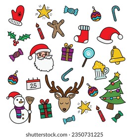 Christmas doodles color hand drawn. Vector illustration