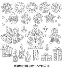 Christmas doodles. Coloring book. Coloring page. Collection of holiday decorations and ornaments for 2018 Happy New Year greeting card. Freehand sketch drawing with zentangle elements.