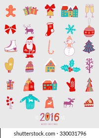 Christmas doodles elements in childish doodle style. Winter icons for holidays design: Santa, houses, cake, lettering sign 2016, winter clothes